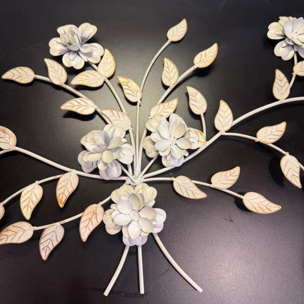 Metal Floral Wall Art Home Decor 28in Cream Gold Distressed Shabby Chic Spray